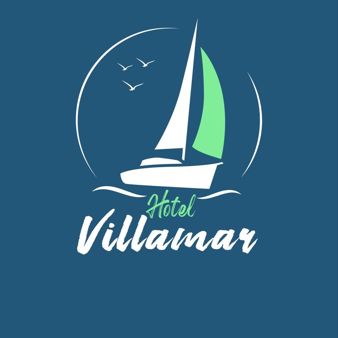 Logo de Hotel Villamar: velero blanco con vela verde sobre fondo azul marino